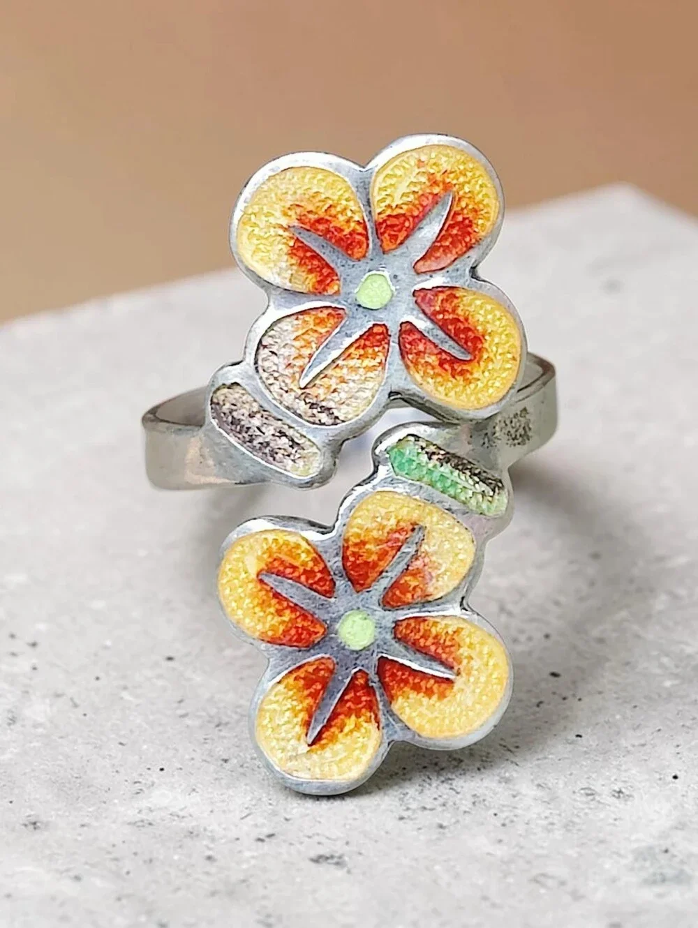 Vintage Sterling Silver Mexican Artisan Made Enameled Flower Bypass Ring